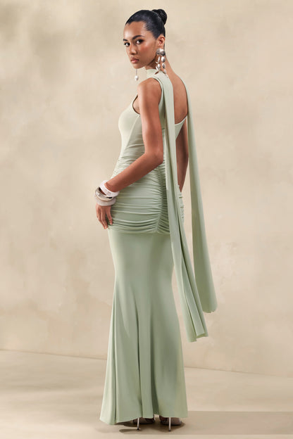 Solyra | Mint Square-Neck Maxi Dress With Sash And Cape Detail