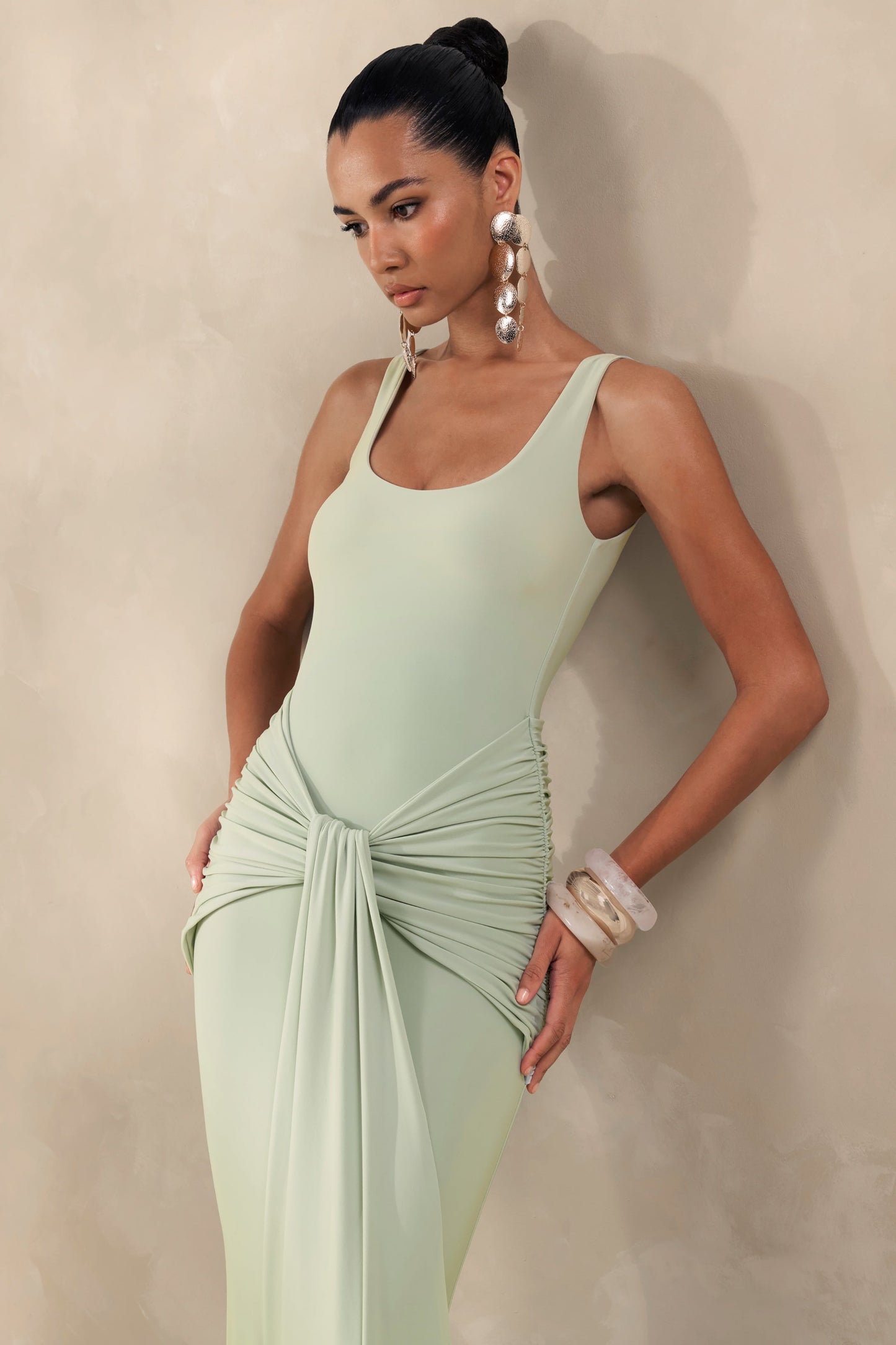 Solyra | Mint Square-Neck Maxi Dress With Sash And Cape Detail