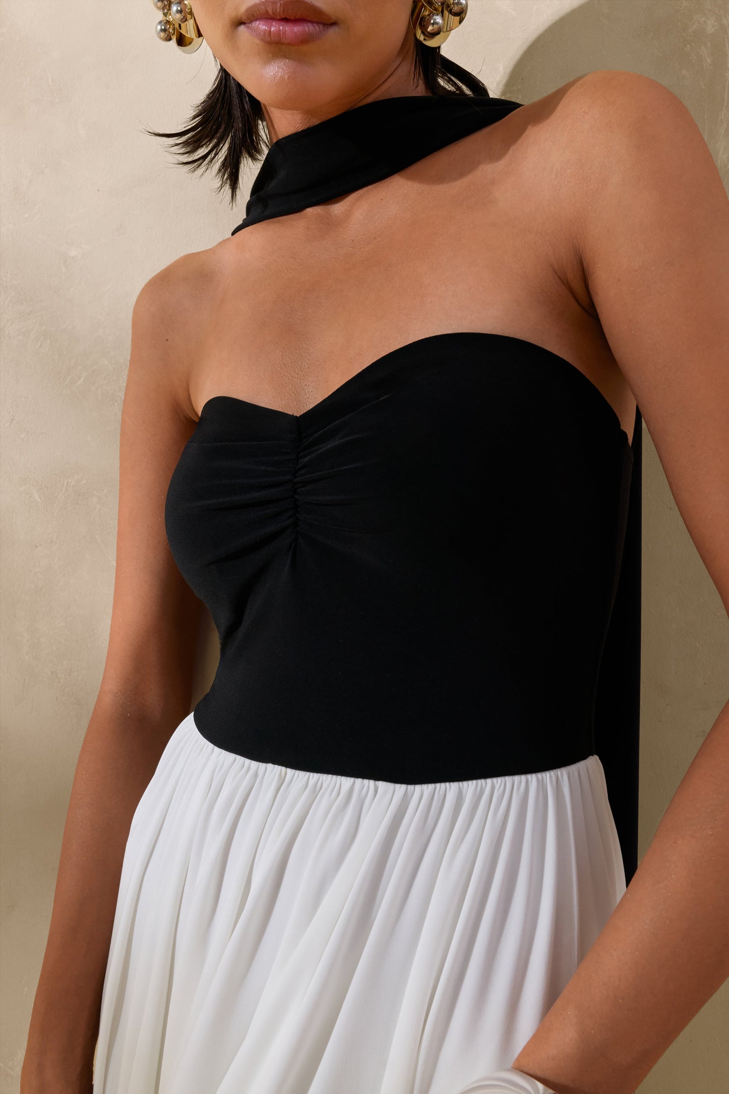 Beamora | Black & White Bandeau Maxi Dress With Cape