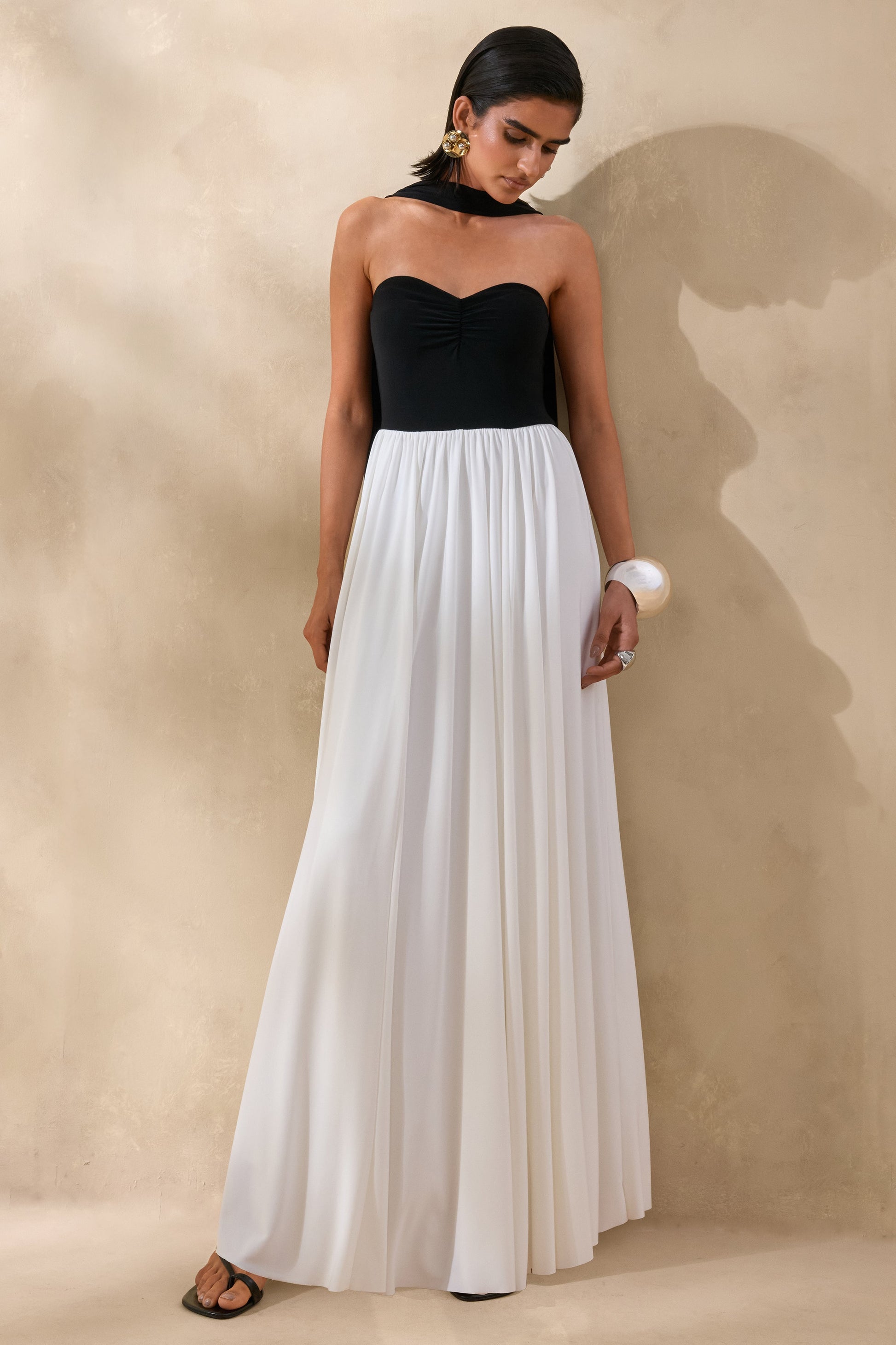 Beamora | Black & White Bandeau Maxi Dress With Cape