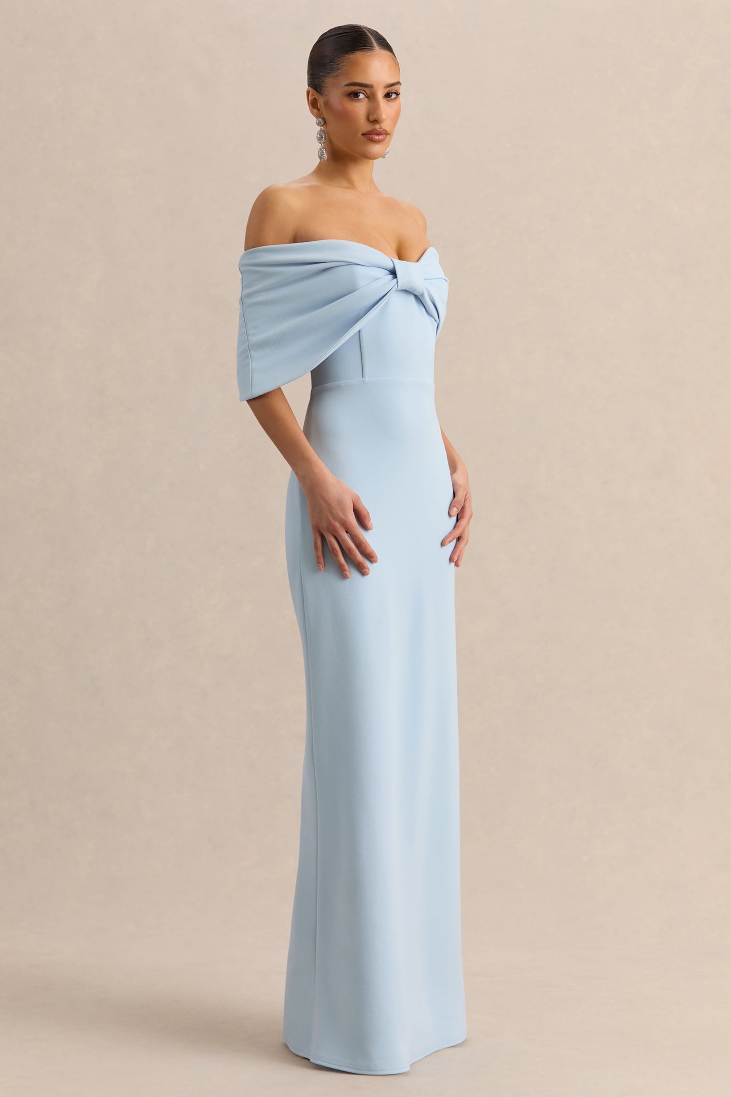 Agatha | Powder Blue Bow Bardot-Neck Maxi Dress