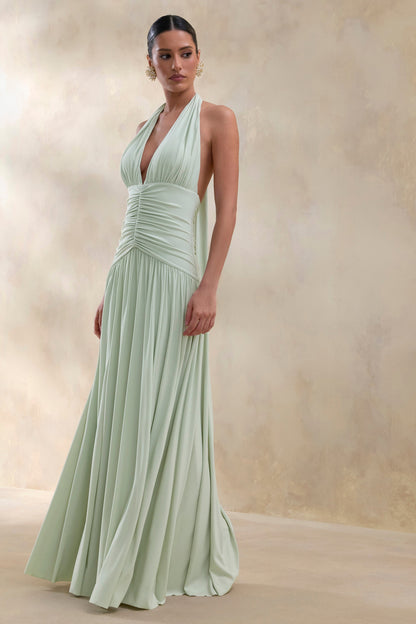 Bettina | Sage Plunge-Neck Maxi Dress With Gathered-Detailing