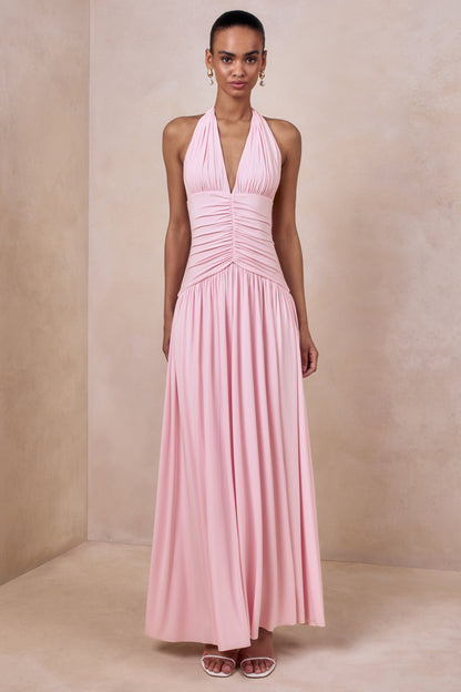 Bettina | Pink Plunge-Neck Maxi Dress With Gathered-Detailing