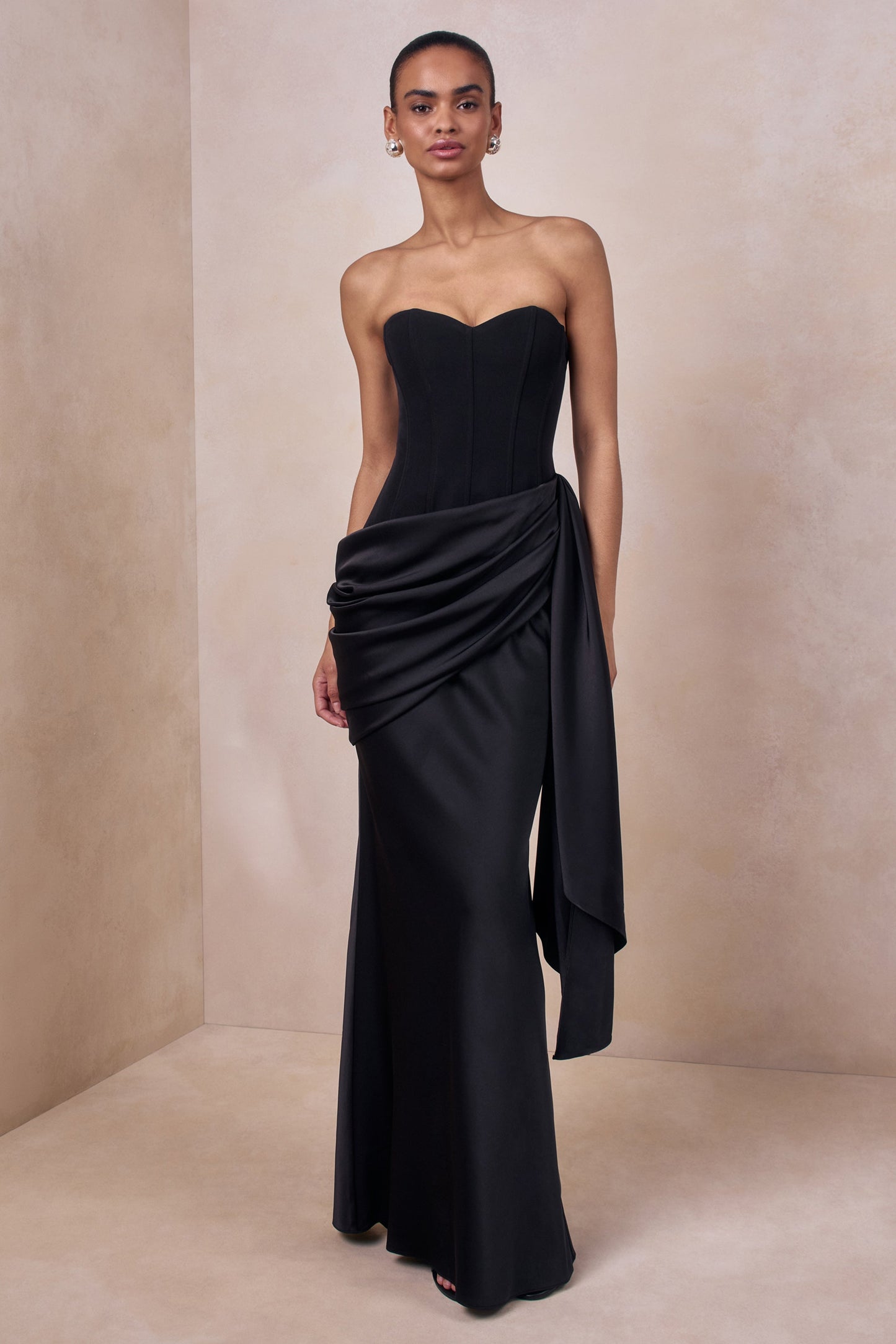 Nalira | Black Satin Bandeau Maxi Dress With Draped Skirt