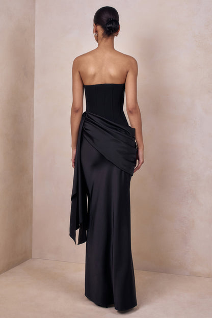 Nalira | Black Satin Bandeau Maxi Dress With Draped Skirt