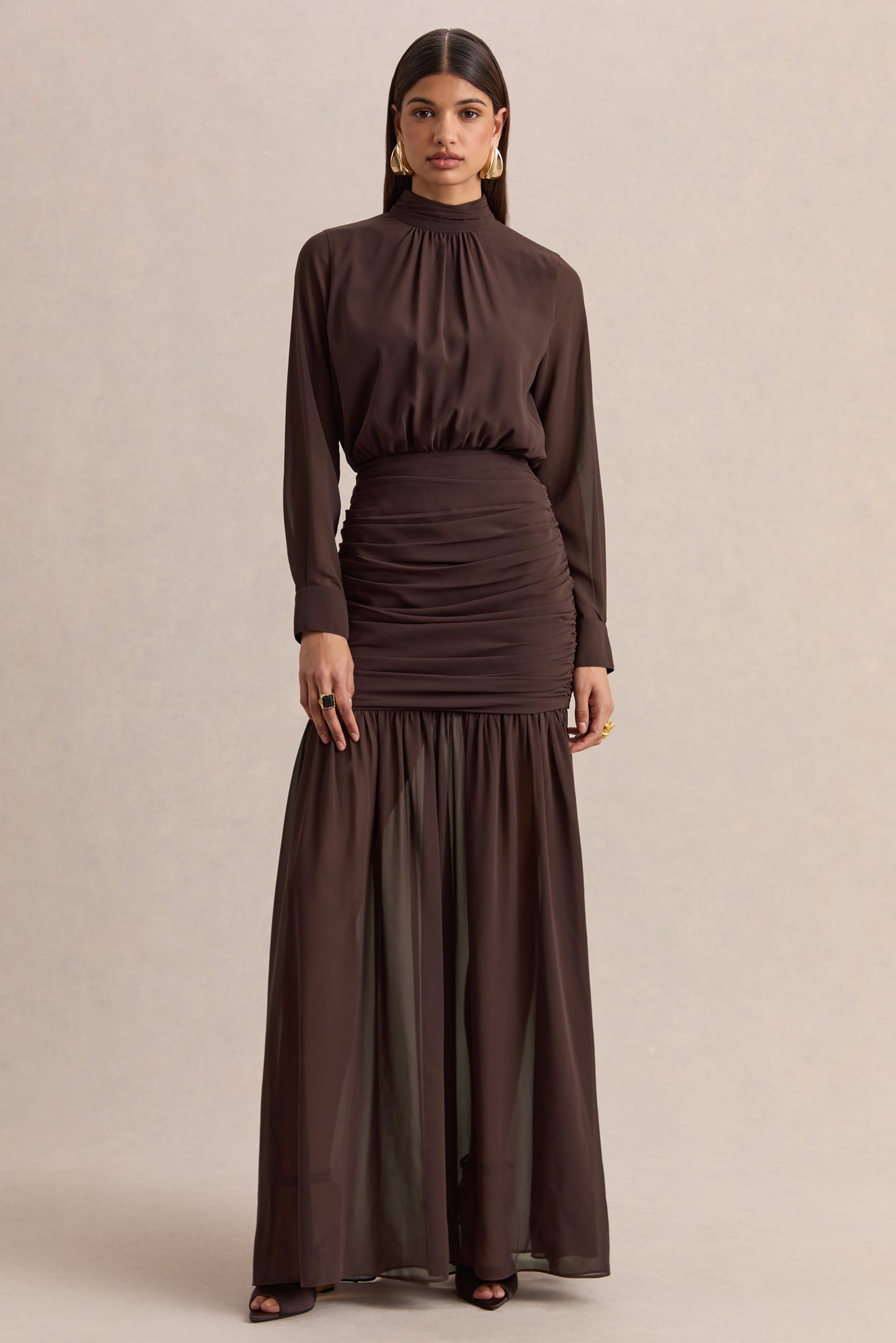 Zella | Brown High-Neck Maxi Dress With Sheer-Skirt