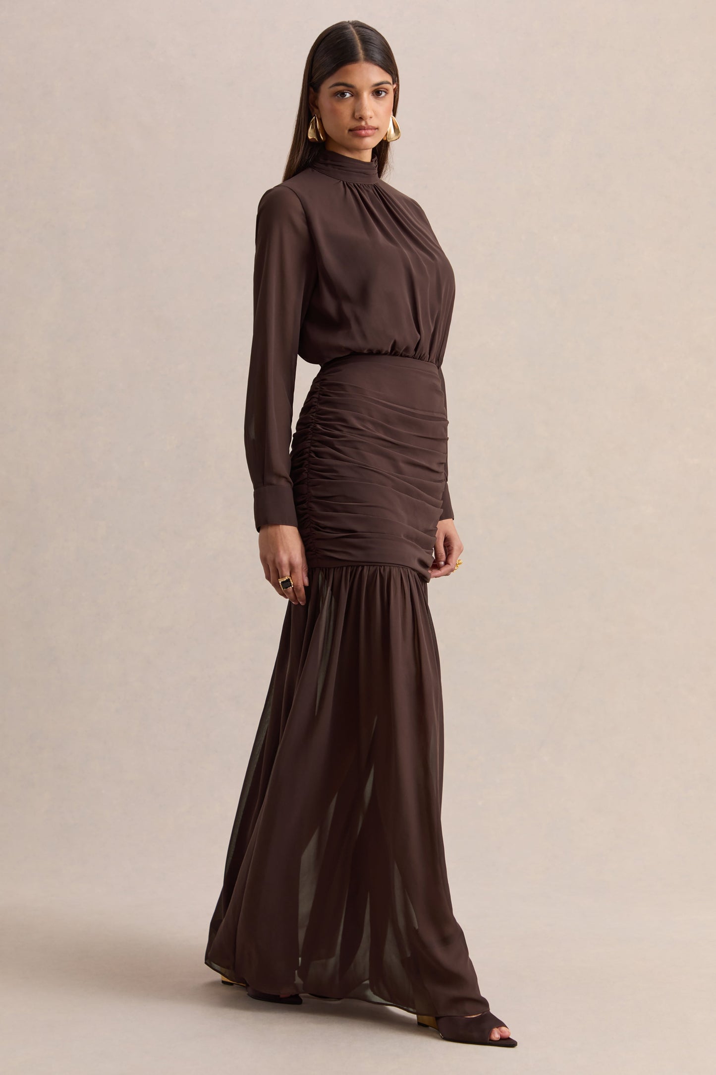 Zella | Brown High-Neck Maxi Dress With Sheer-Skirt