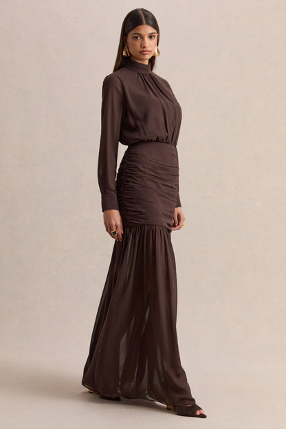 Zella | Brown High-Neck Maxi Dress With Sheer-Skirt