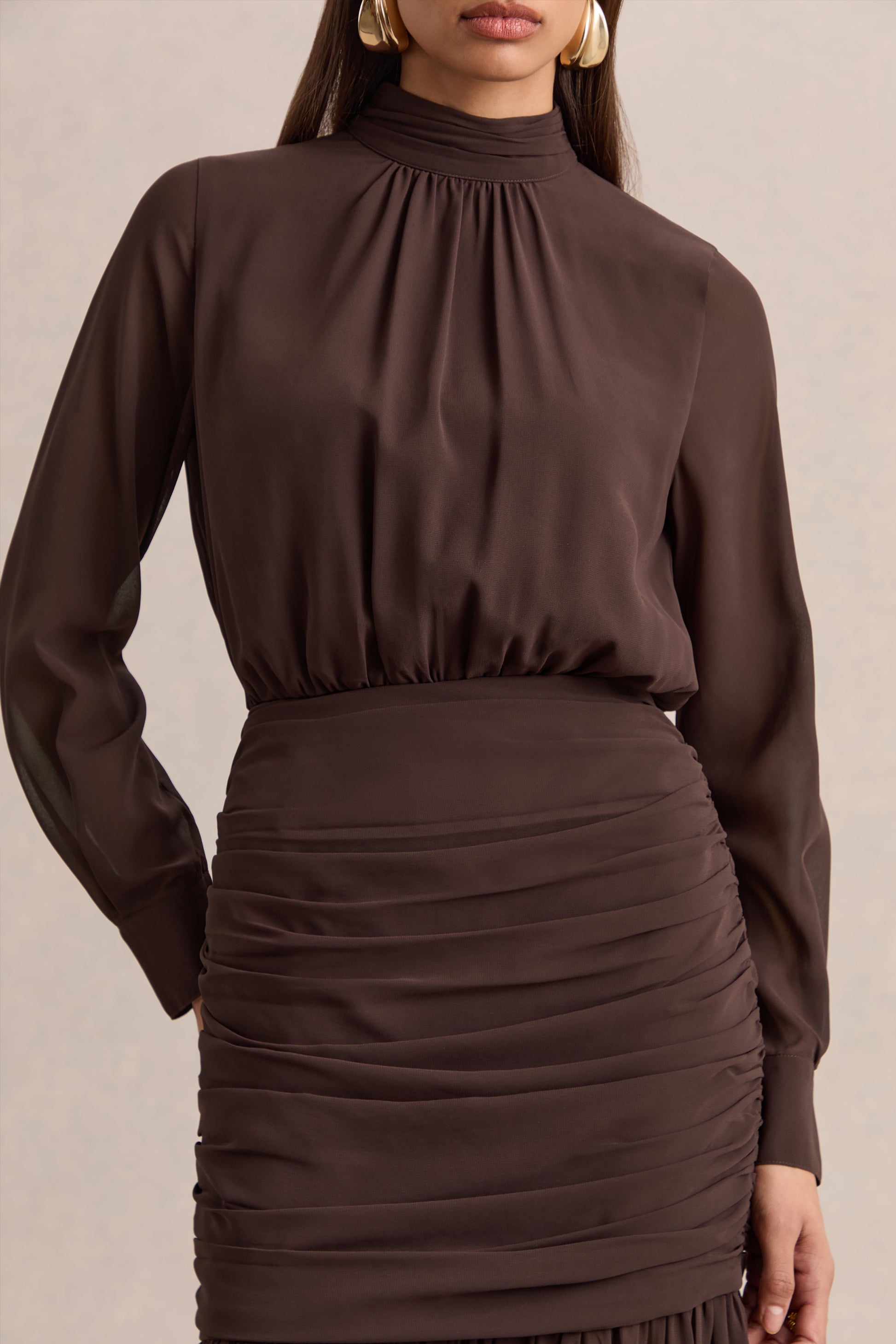 Zella | Brown High-Neck Maxi Dress With Sheer-Skirt