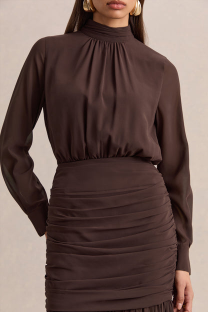 Zella | Brown High-Neck Maxi Dress With Sheer-Skirt