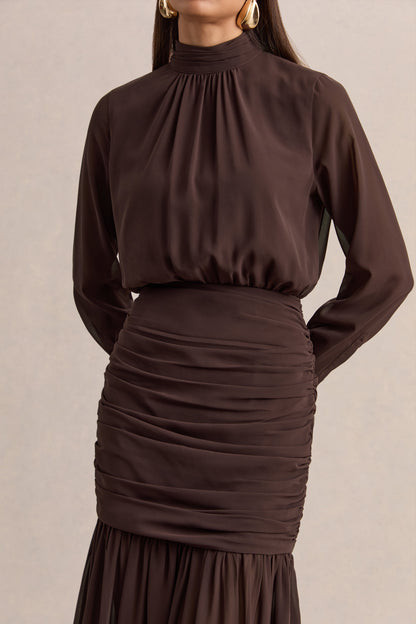 Zella | Brown High-Neck Maxi Dress With Sheer-Skirt