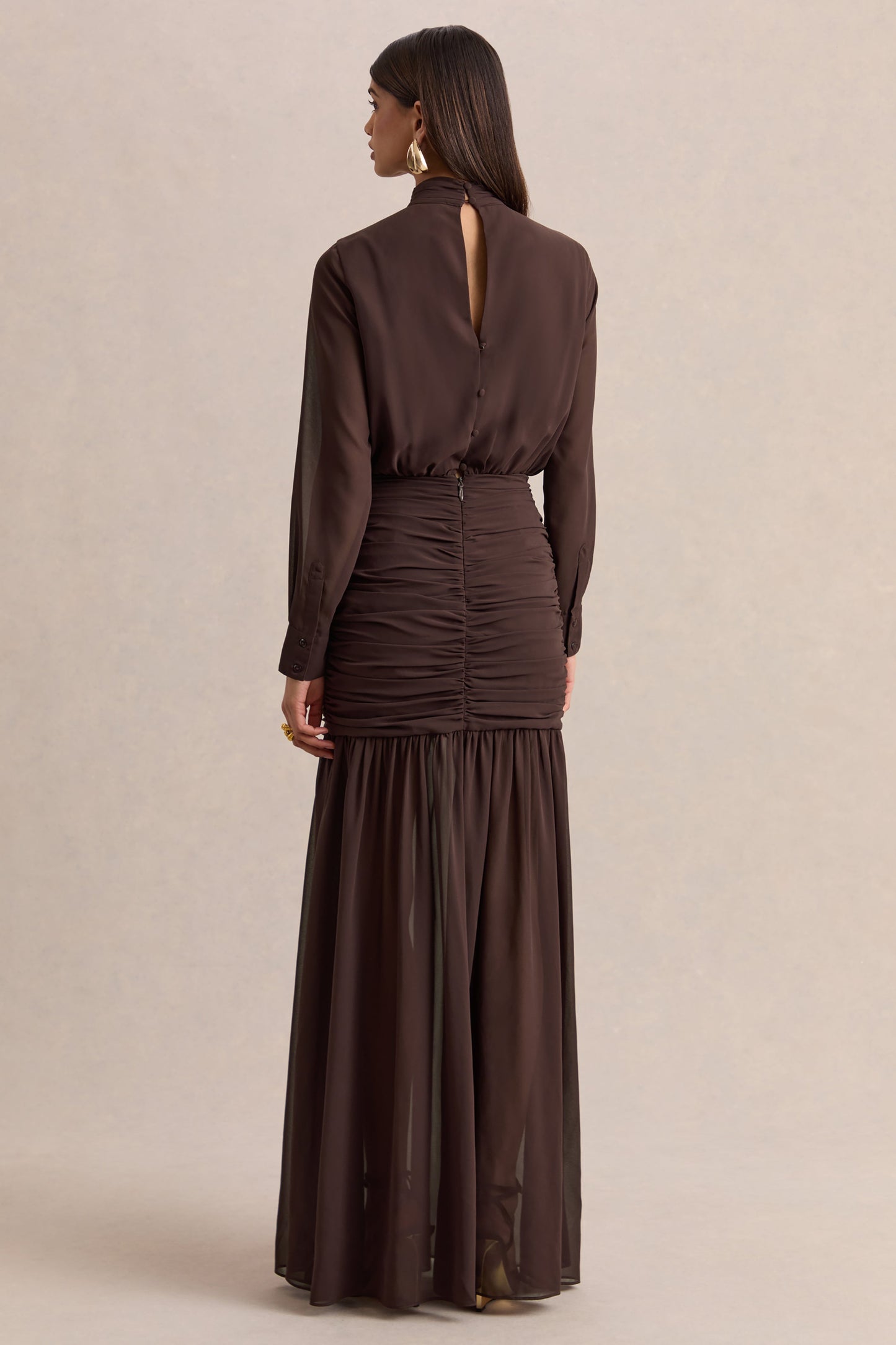 Zella | Brown High-Neck Maxi Dress With Sheer-Skirt