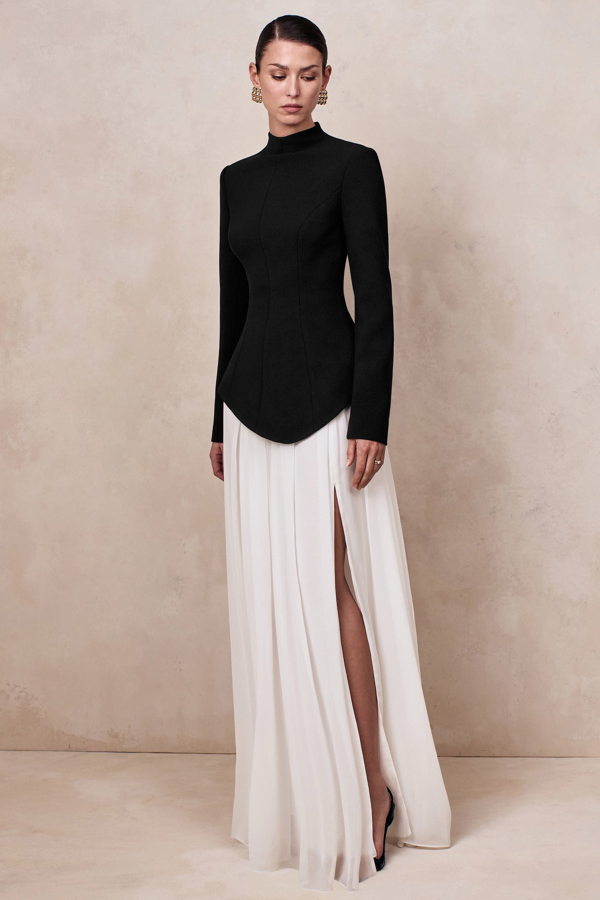 Halma | Black & White High-Neck Maxi Dress With Drop-Waist