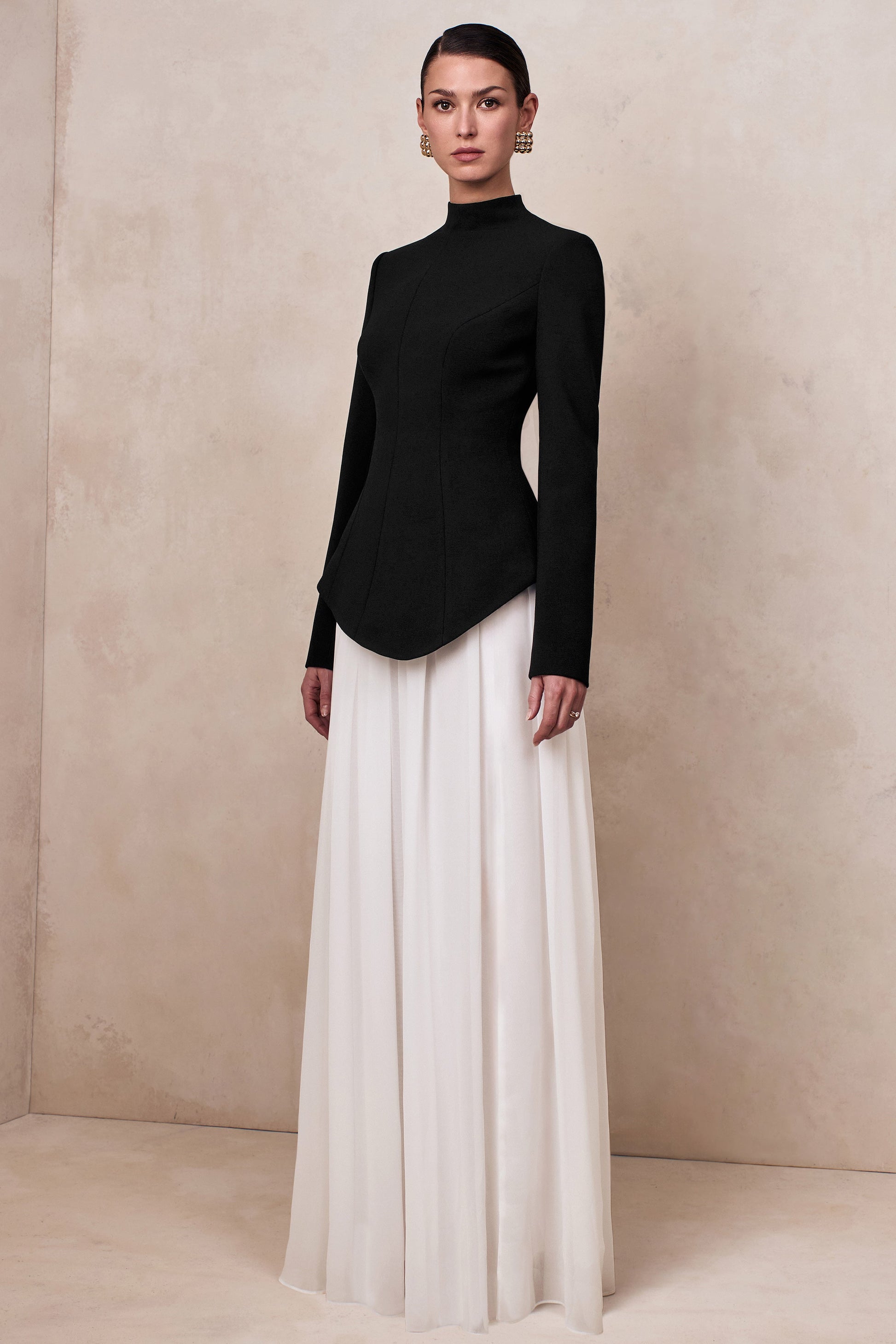 Halma | Black & White High-Neck Maxi Dress With Drop-Waist
