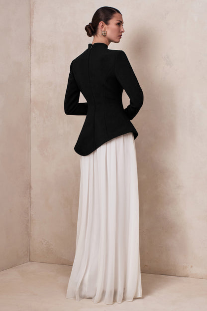 Halma | Black & White High-Neck Maxi Dress With Drop-Waist