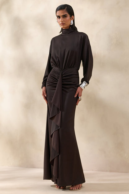 Perla | Dark Brown High-Neck Maxi Dress With Gathered-Detailing