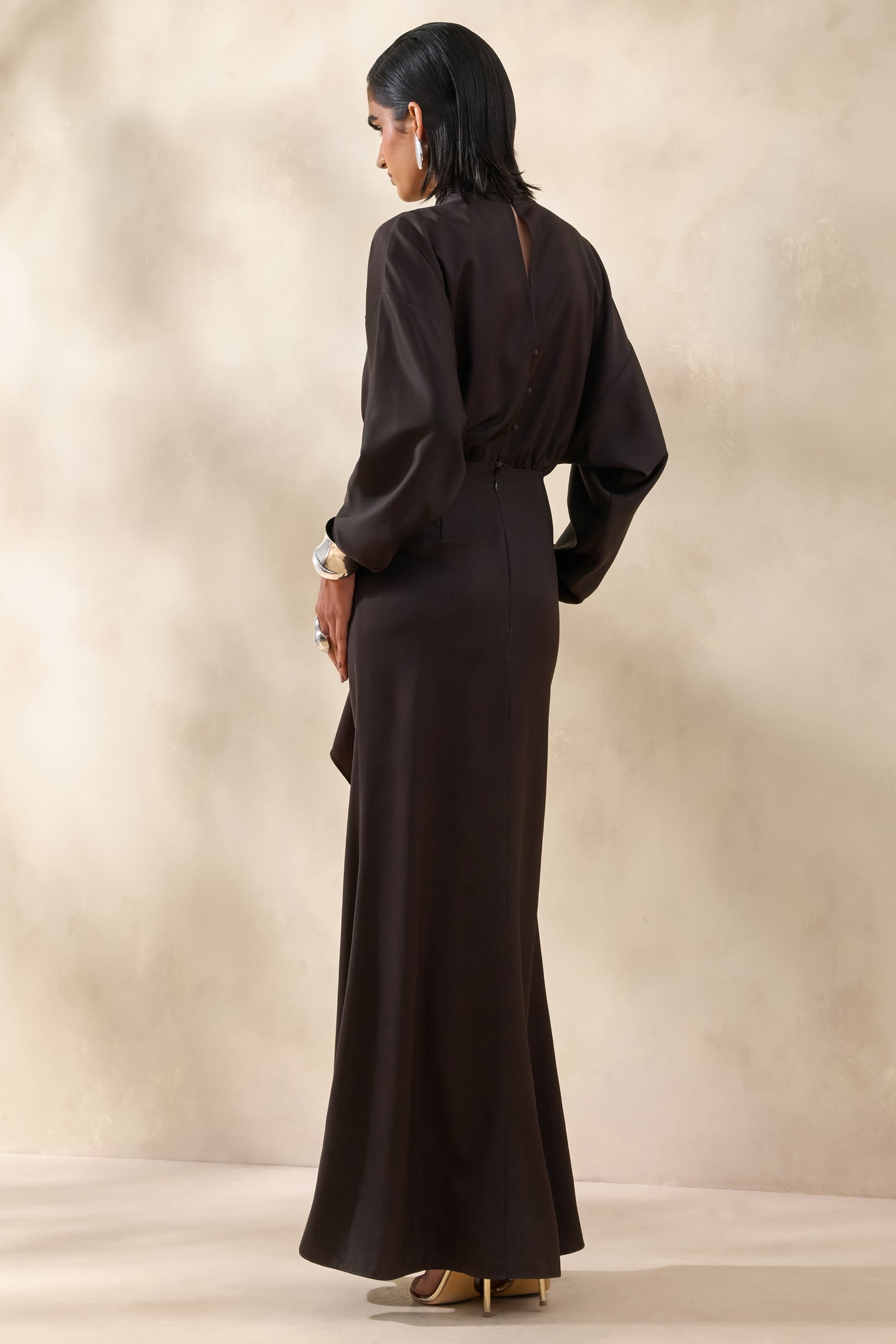 Perla | Dark Brown High-Neck Maxi Dress With Gathered-Detailing