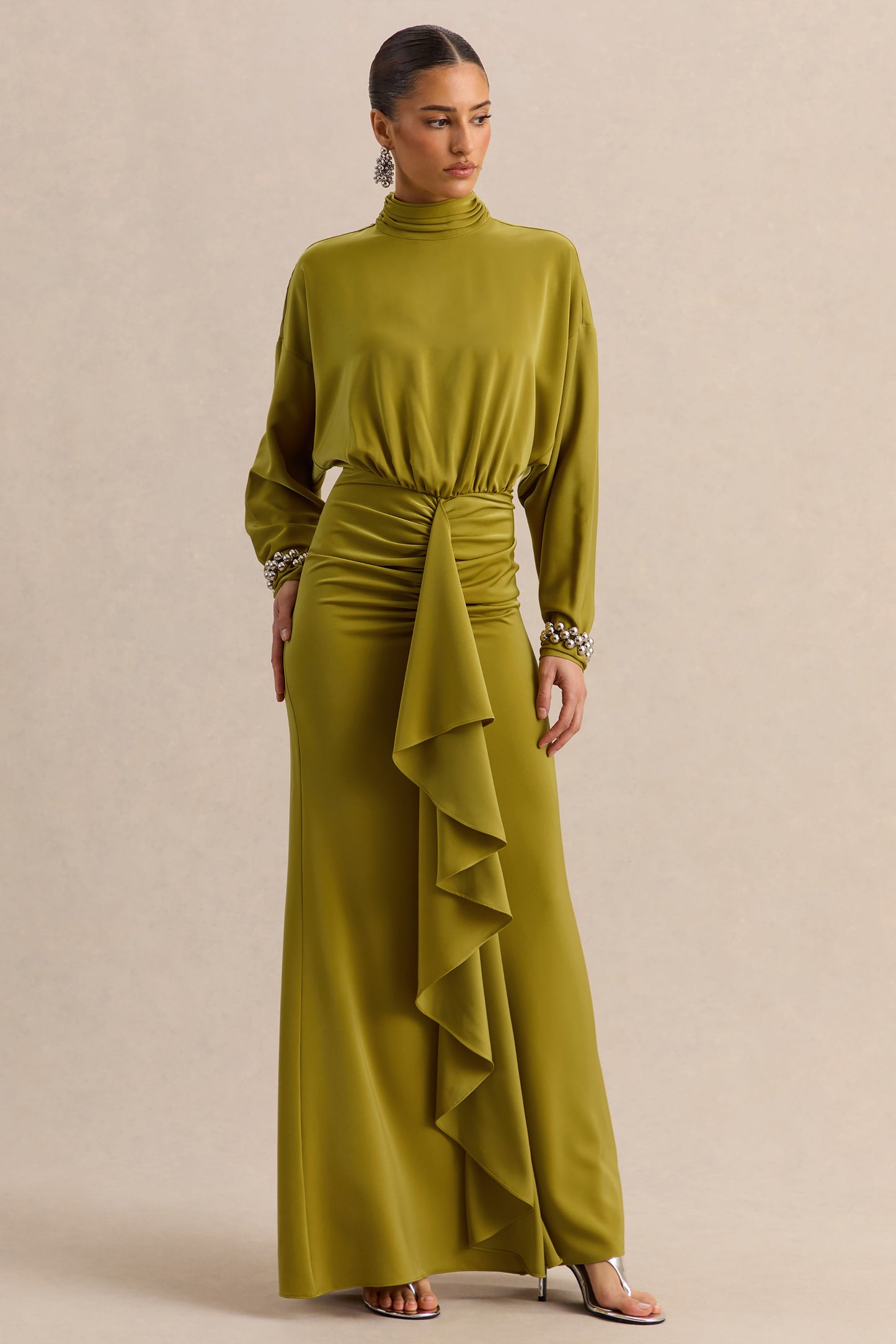 Perla | Olive High-Neck Maxi Dress With Gathered-Detailing