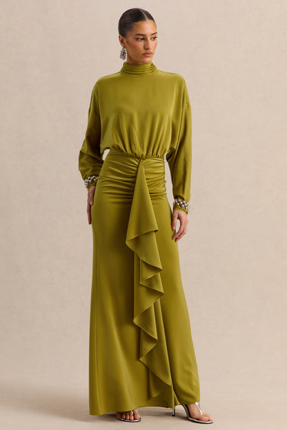 Perla | Olive High-Neck Maxi Dress With Gathered-Detailing