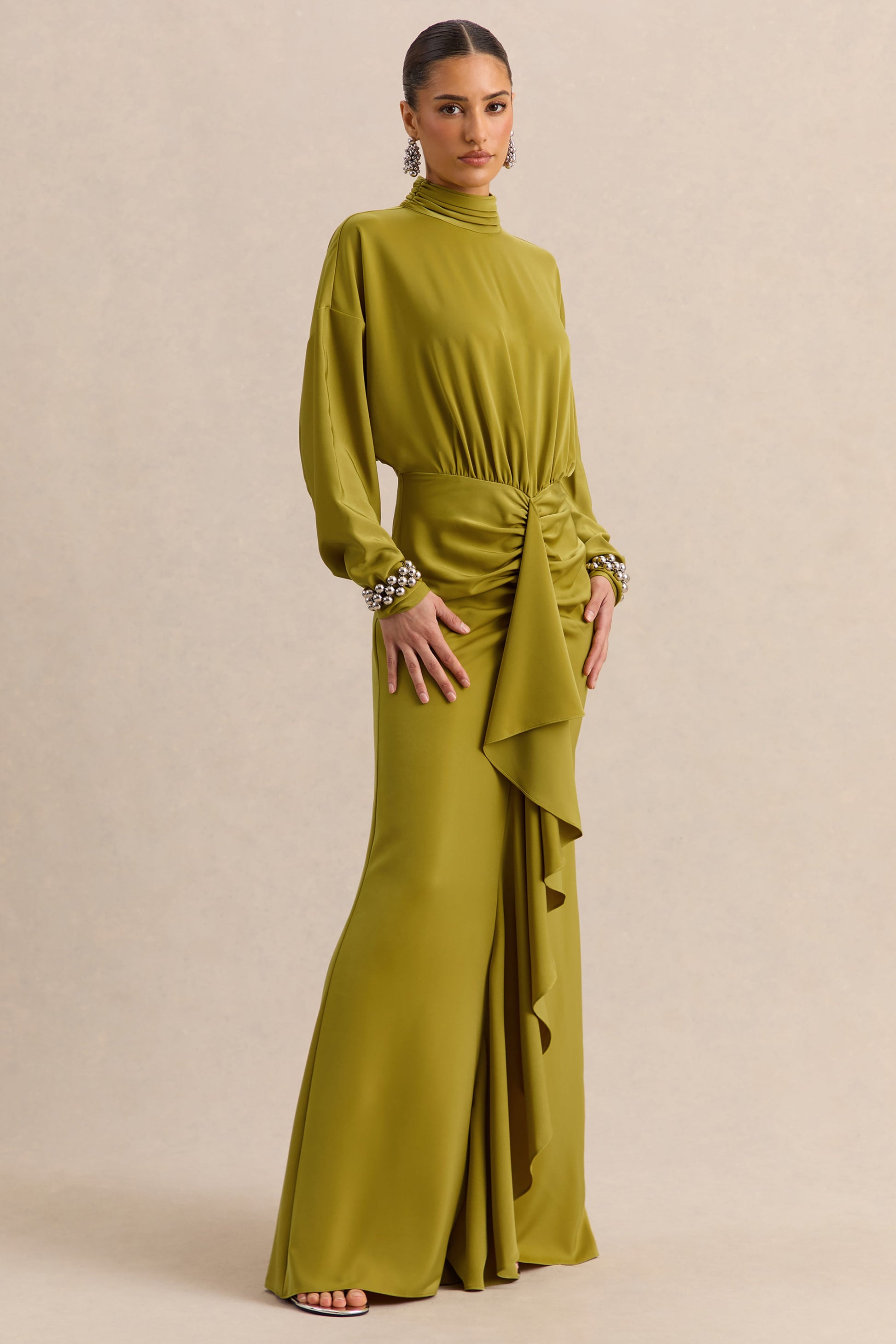 Perla | Olive High-Neck Maxi Dress With Gathered-Detailing