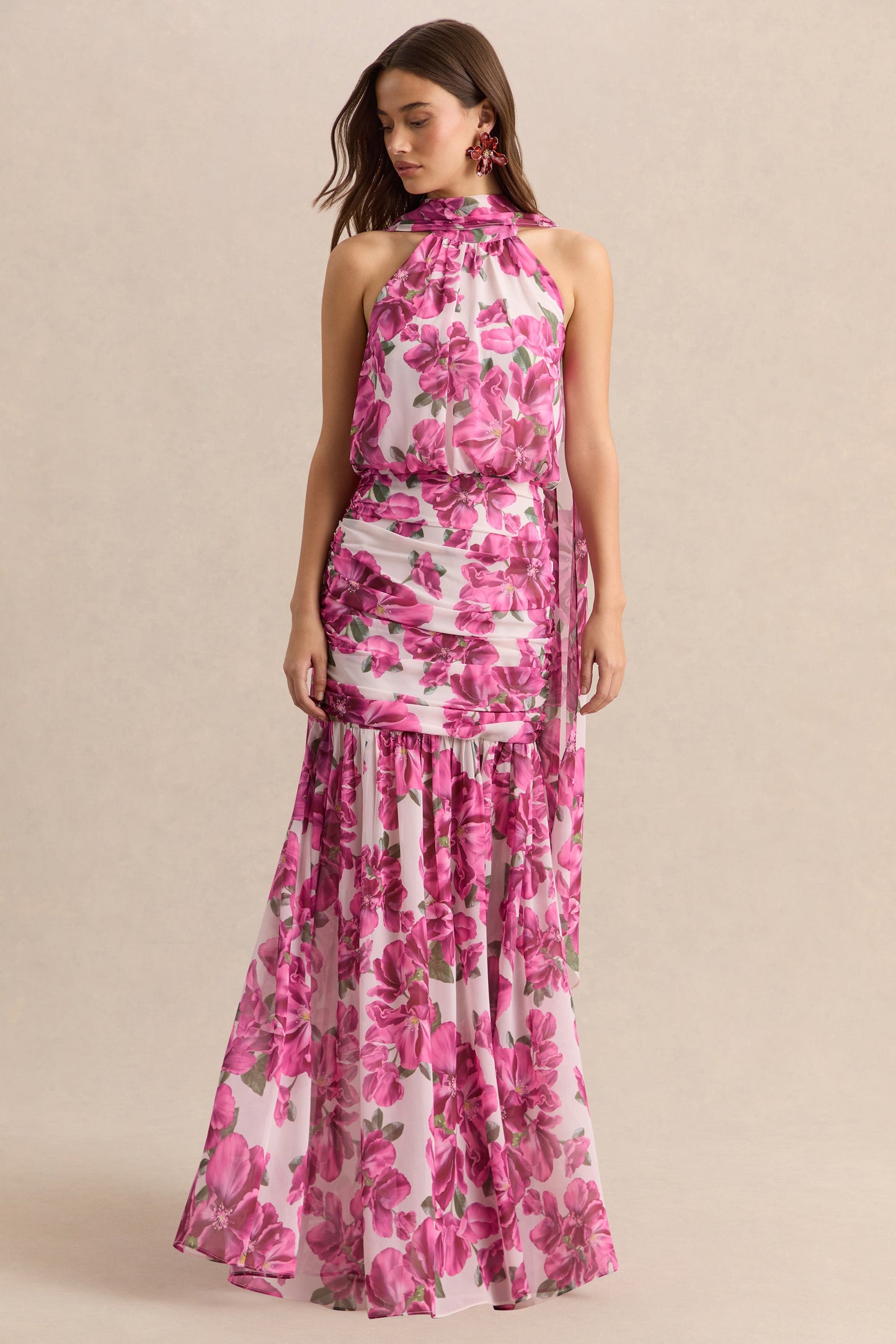 Veronique | Pink Hibiscus Floral Halter-Neck Maxi Dress