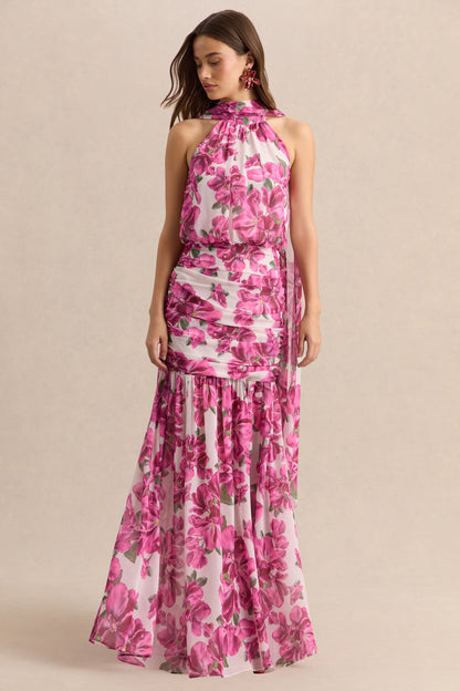 Veronique | Pink Hibiscus Floral Halter-Neck Maxi Dress
