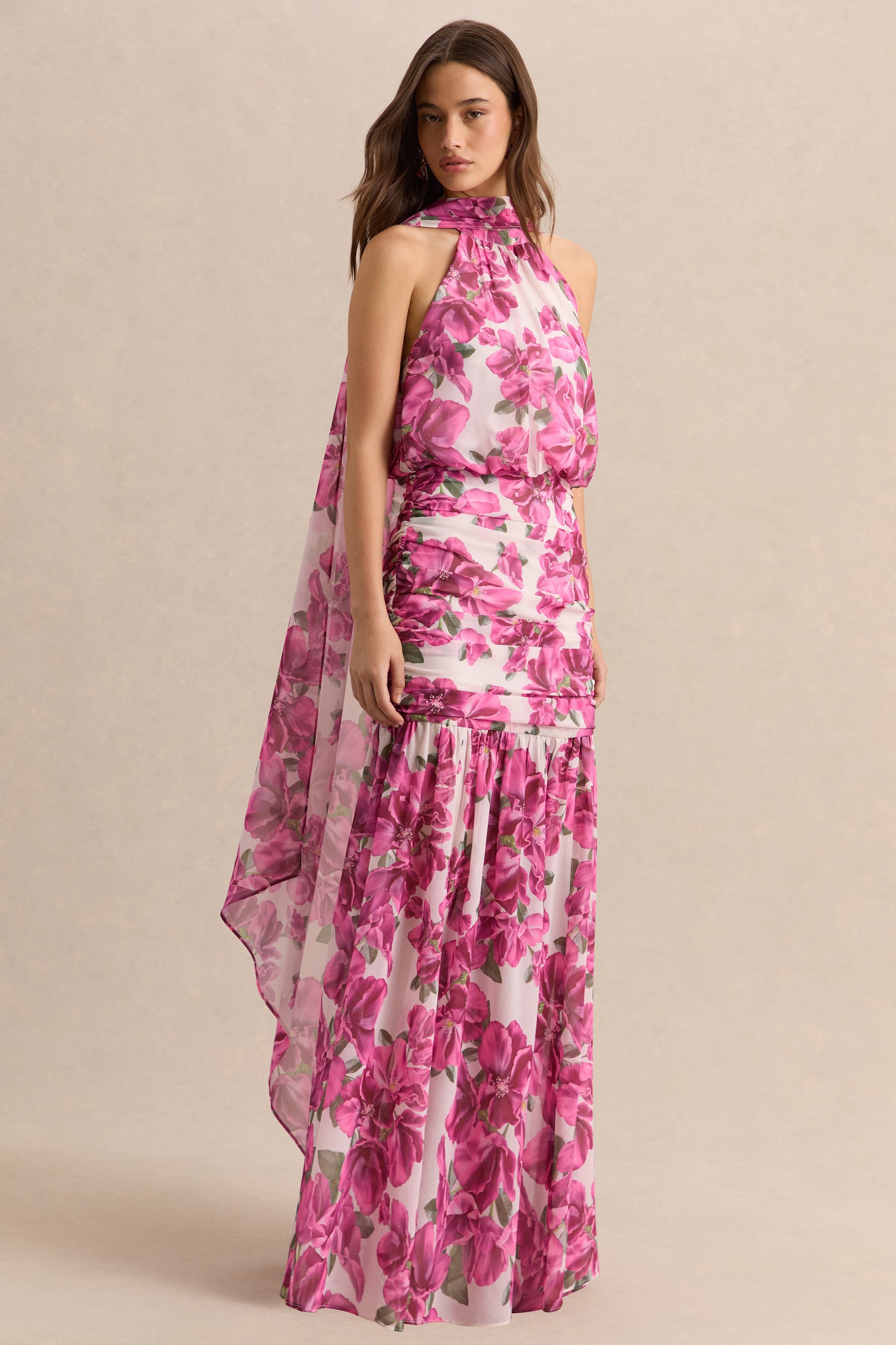 Veronique | Pink Hibiscus Floral Halter-Neck Maxi Dress