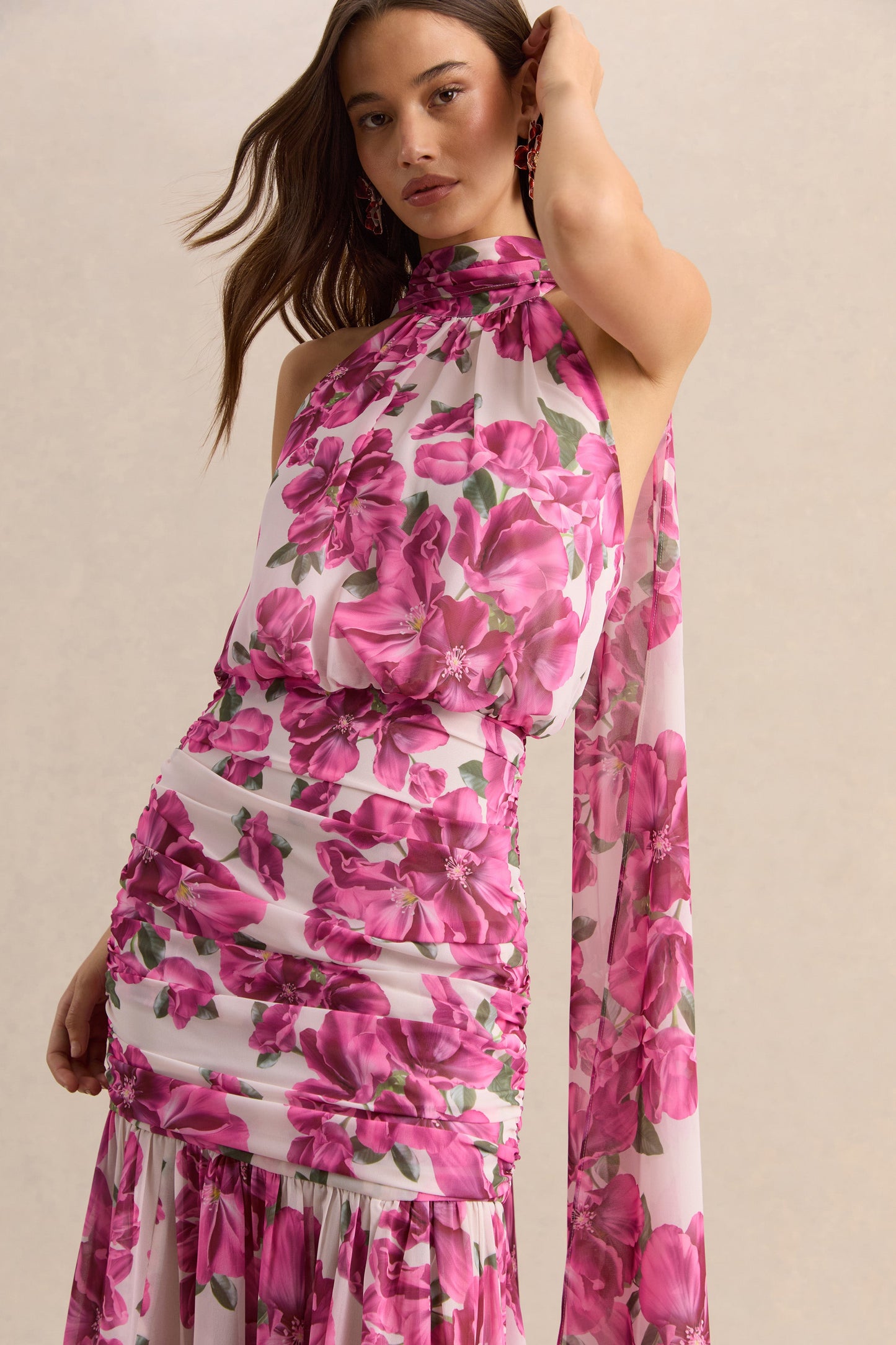 Veronique | Pink Hibiscus Floral Halter-Neck Maxi Dress