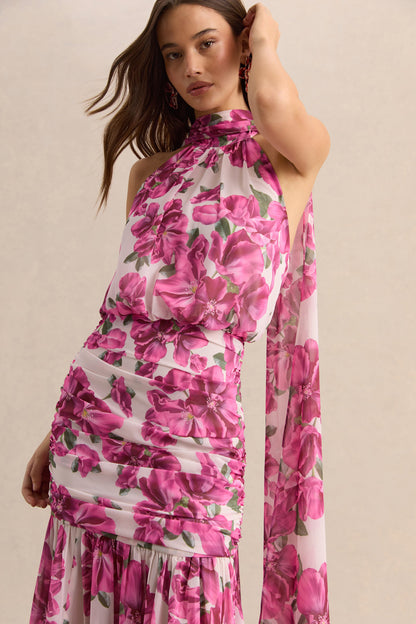 Veronique | Pink Hibiscus Floral Halter-Neck Maxi Dress