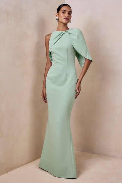 Quira | Mint Asymmetric-Neck Maxi Dress With Cape-Sleeve