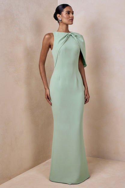 Quira | Mint Asymmetric-Neck Maxi Dress With Cape-Sleeve