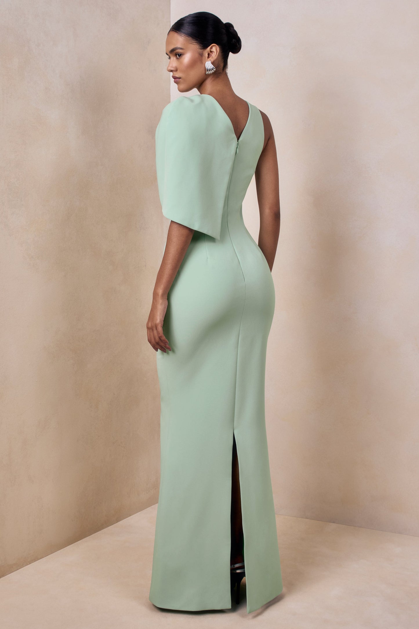 Quira | Mint Asymmetric-Neck Maxi Dress With Cape-Sleeve