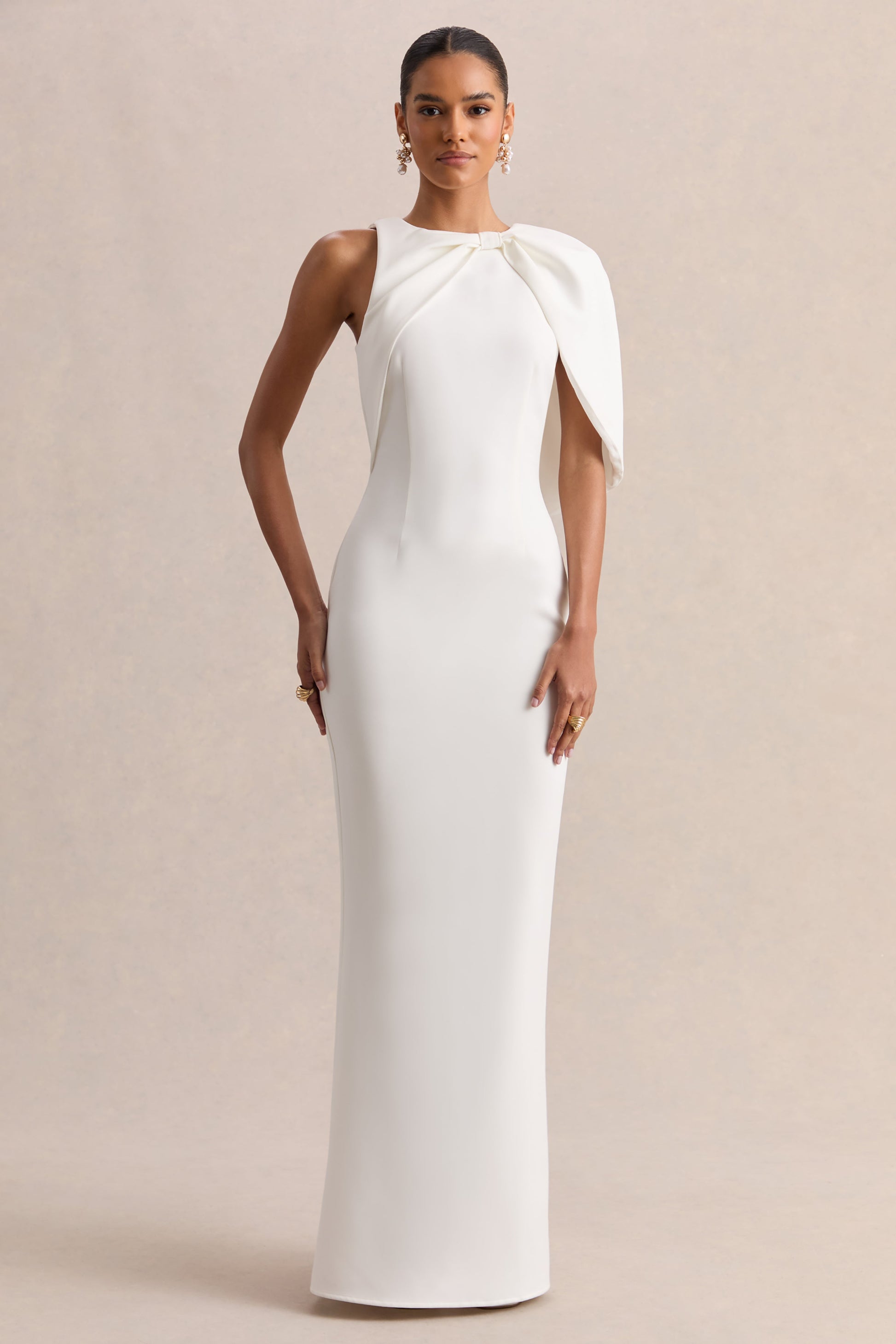 Quira | White Asymmetric-Neck Maxi Dress With Cape-Sleeve