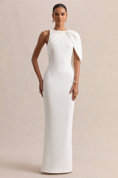 Quira | White Asymmetric-Neck Maxi Dress With Cape-Sleeve