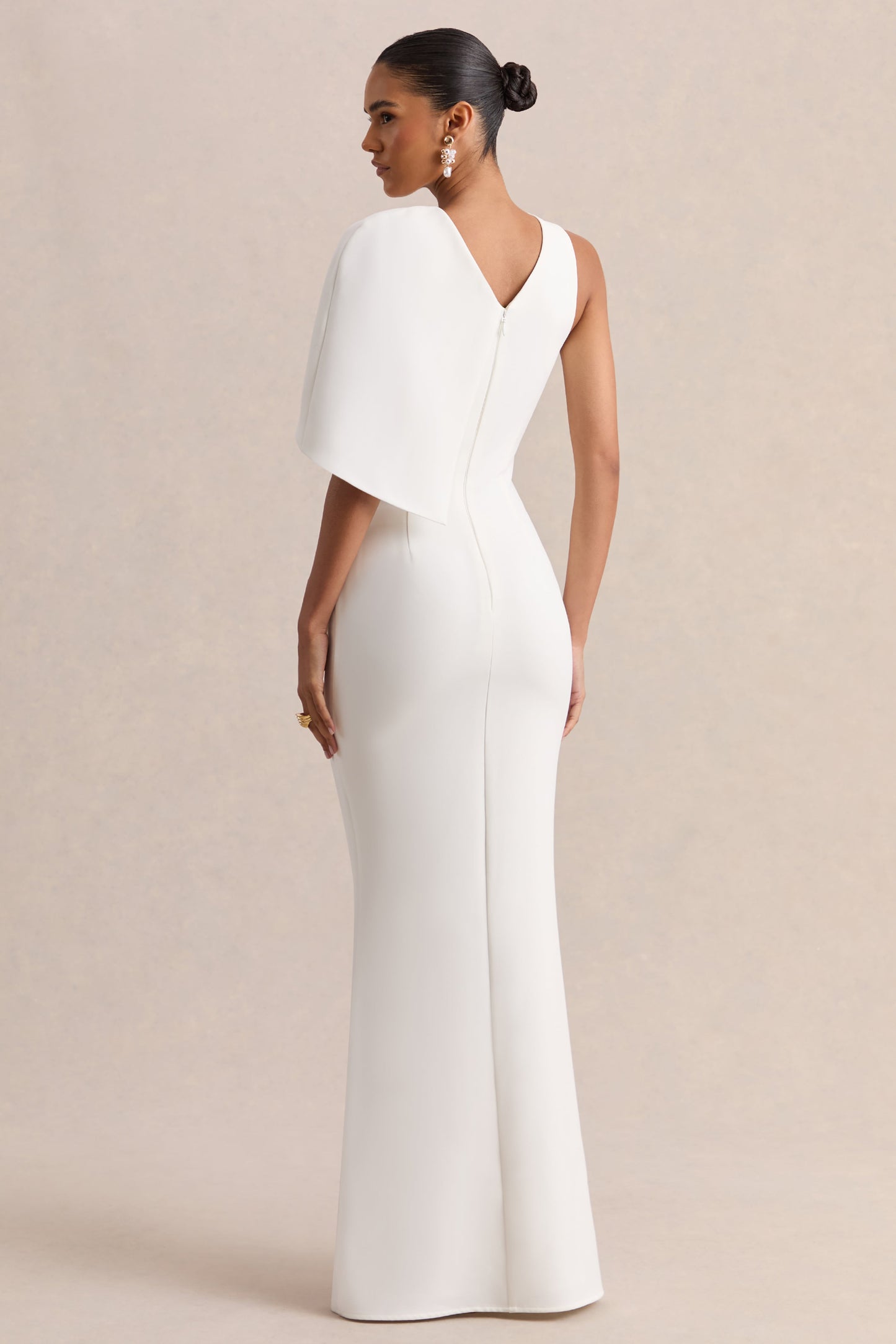 Quira | White Asymmetric-Neck Maxi Dress With Cape-Sleeve