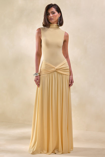 Glimora | Lemon High-Neck Maxi Dress With Ruched-Detailing