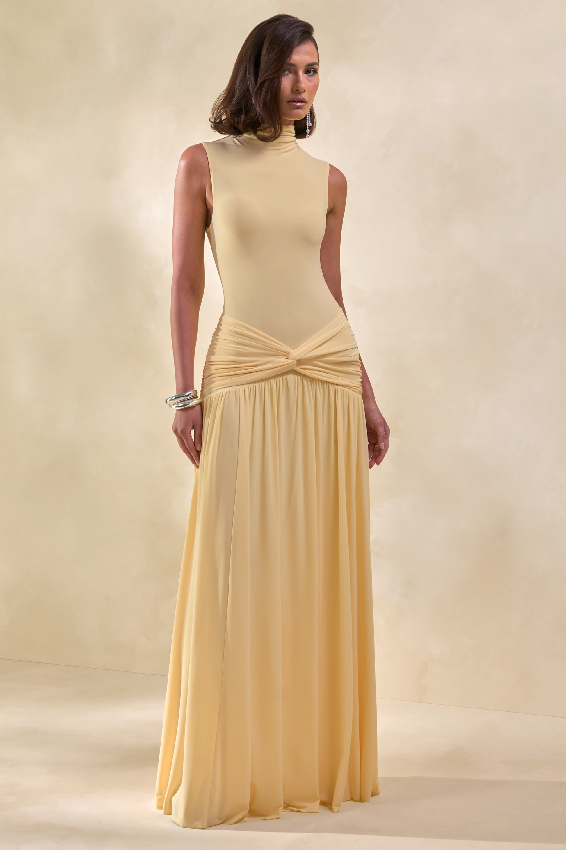 Glimora | Lemon High-Neck Maxi Dress With Ruched-Detailing