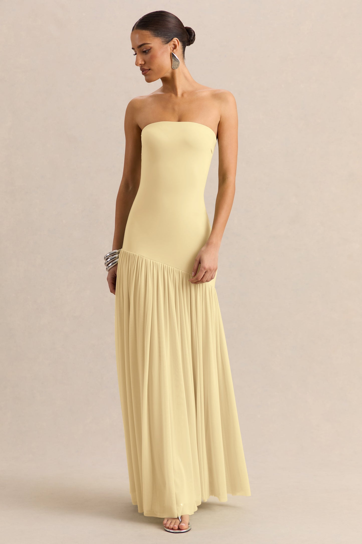 Bambi | Lemon Bandeau-Neck Maxi Dress With Scarf-Detail