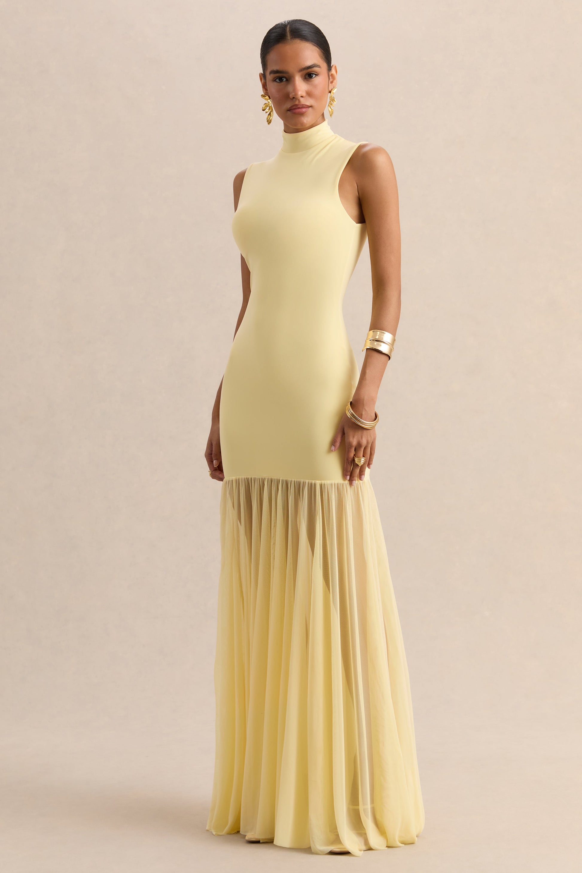 Felina | Lemon High-Neck Maxi Dress With Sheer-Skirt