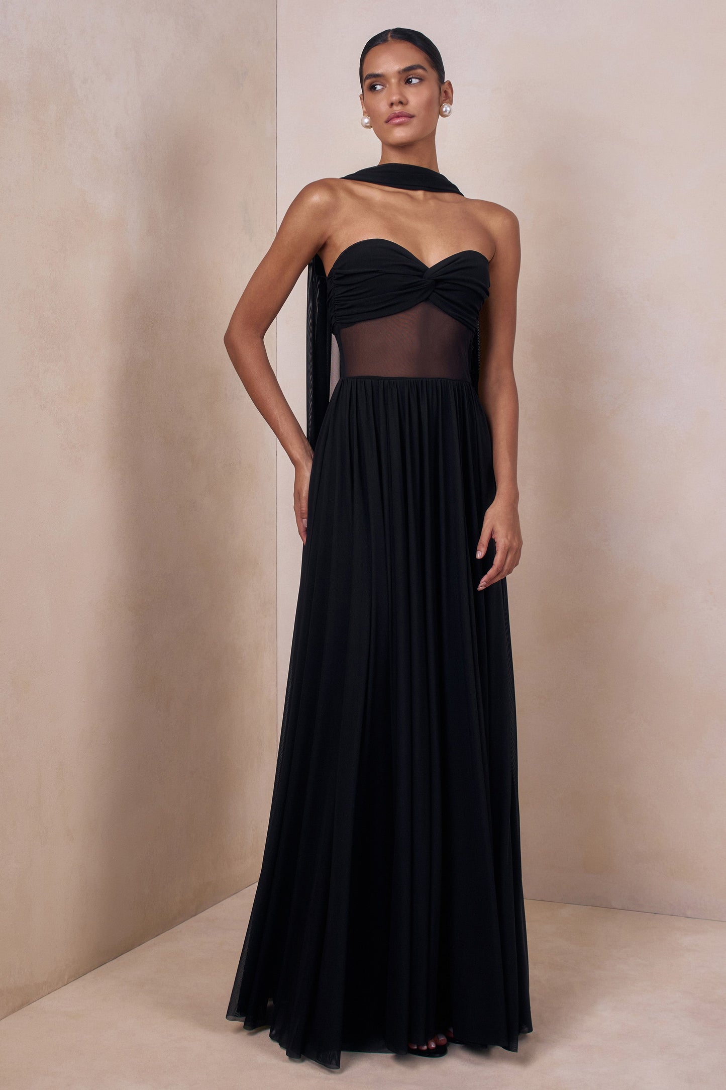 Lyvoria | Black Bandeau Maxi Dress With Mesh-Detail And Scarf