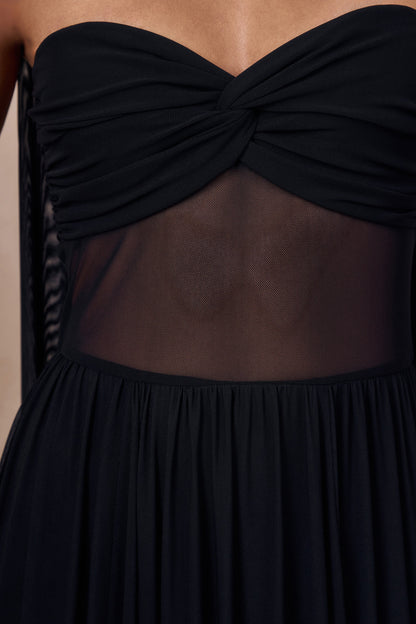 Lyvoria | Black Bandeau Maxi Dress With Mesh-Detail And Scarf