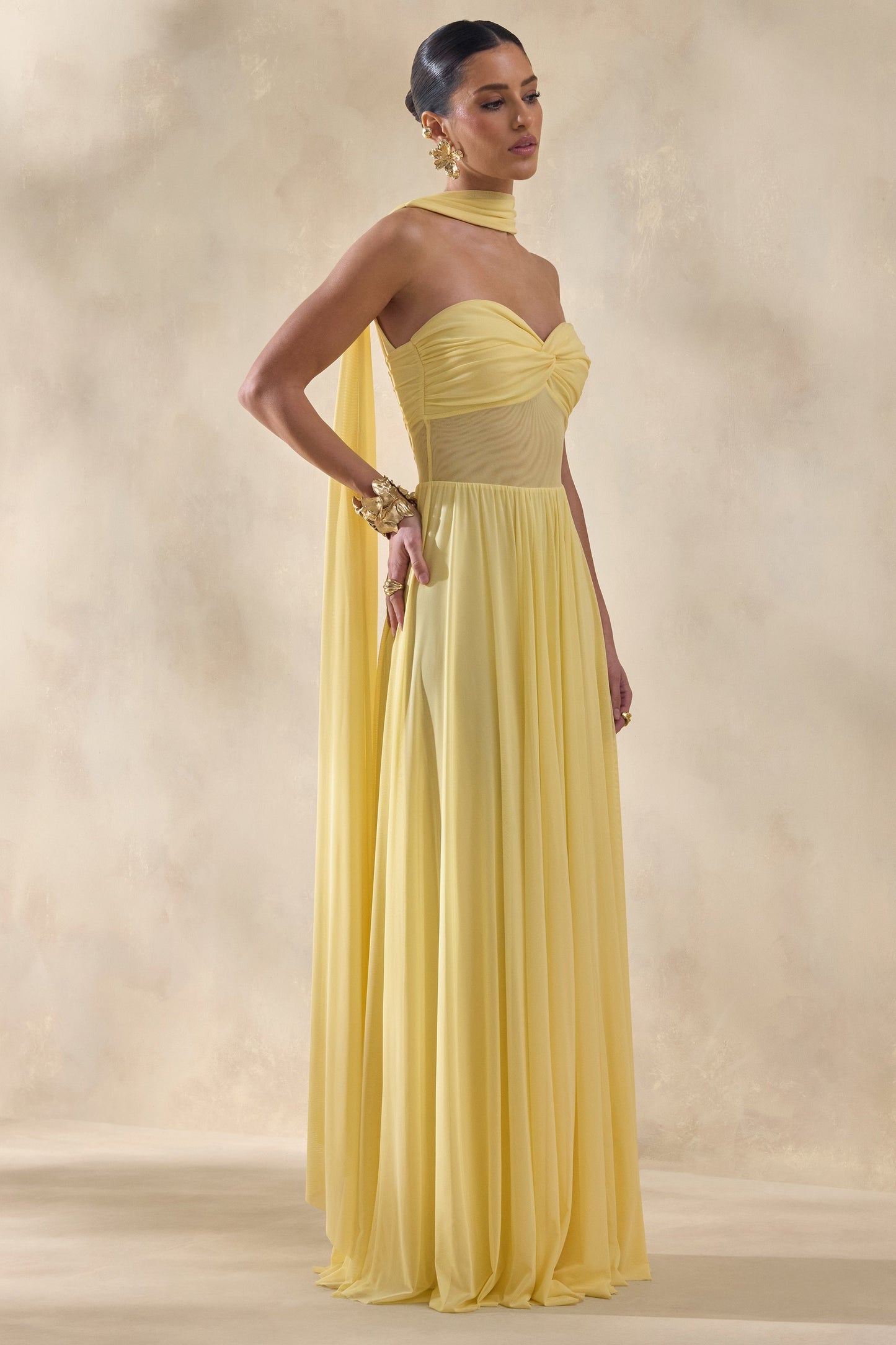 Lyvoria | Lemon Bandeau Maxi Dress With Mesh-Detail And Scarf