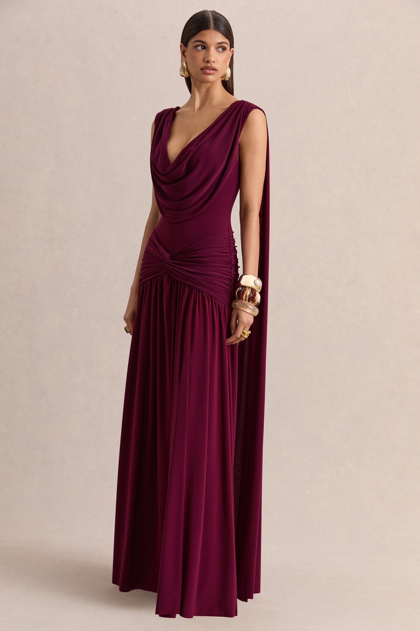 Amelisse | Burgundy Plunge-Neck Maxi Dress With Ruched-Detailing