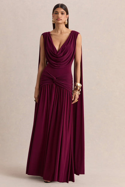 Amelisse | Burgundy Plunge-Neck Maxi Dress With Ruched-Detailing