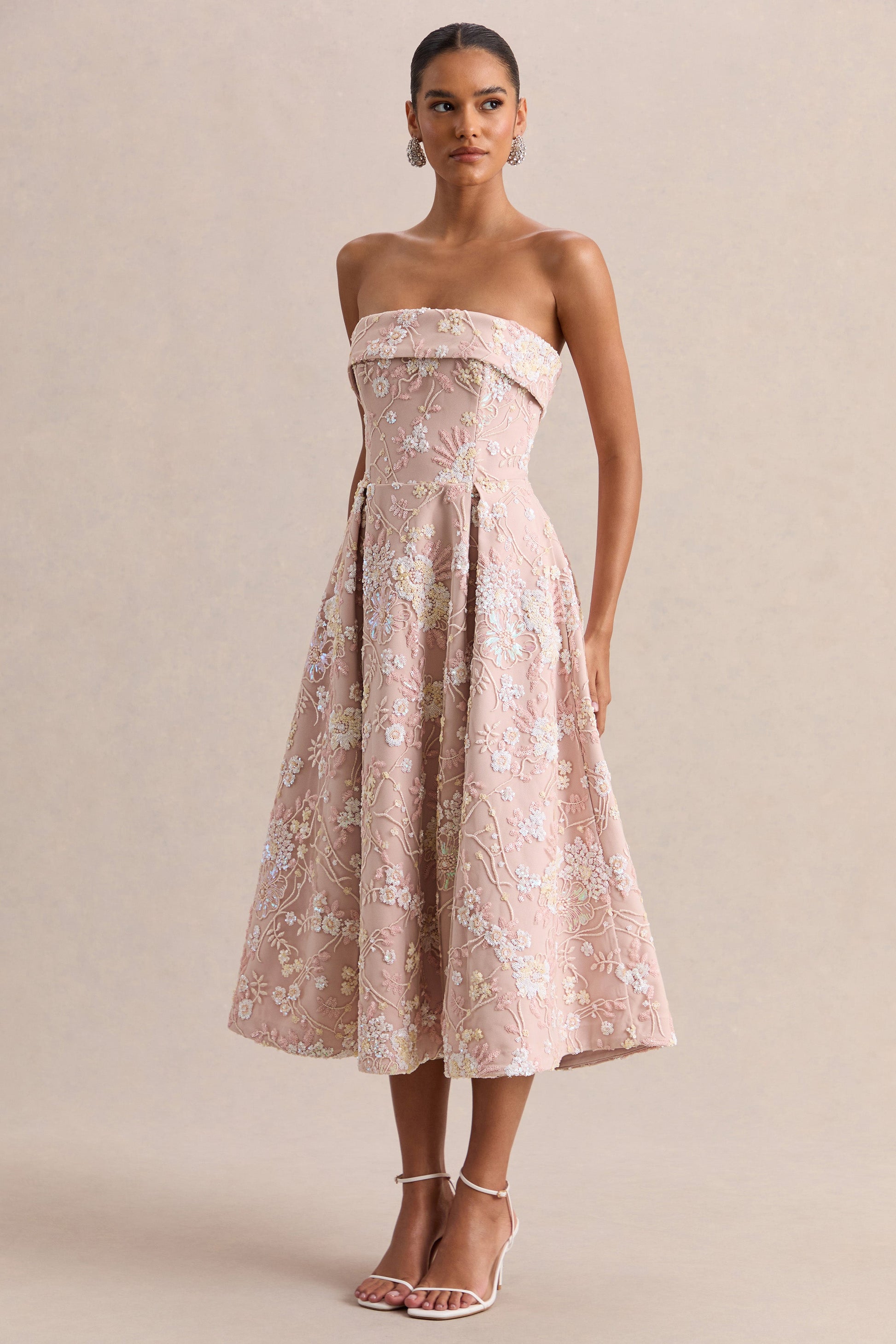Amaris | Pink Embellished Floral Bandeau Skater Midi Dress