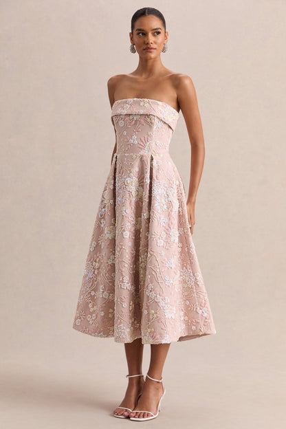 Amaris | Pink Embellished Floral Bandeau Skater Midi Dress