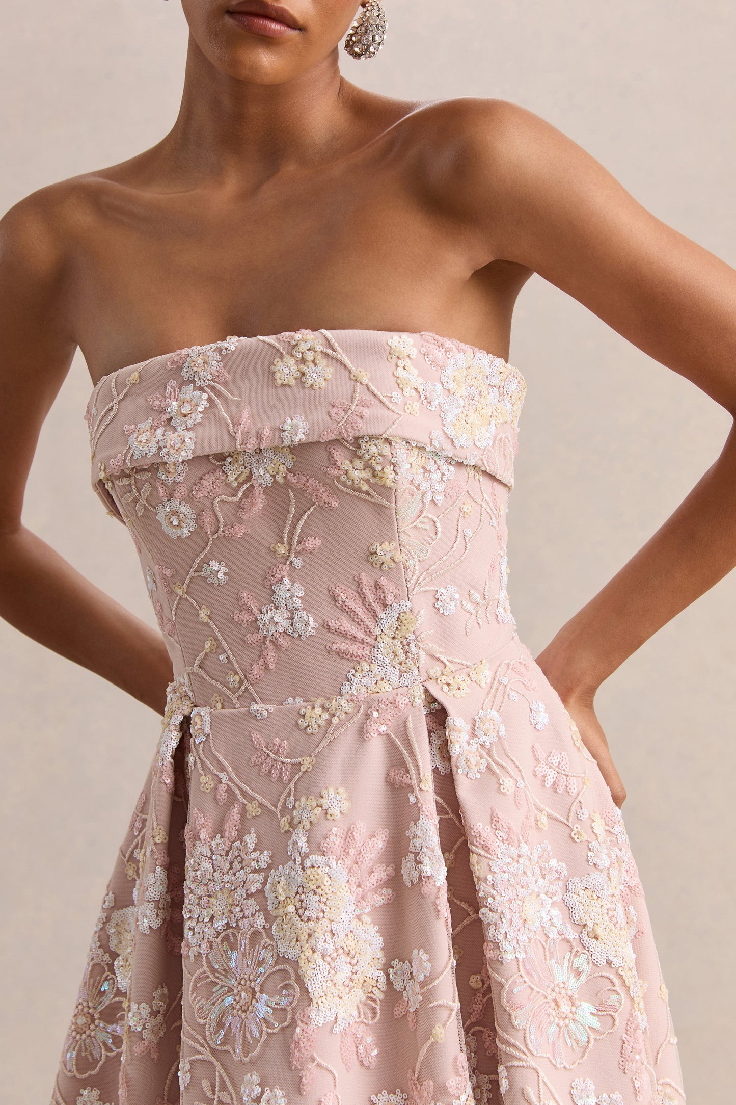 Amaris | Pink Embellished Floral Bandeau Skater Midi Dress