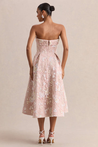 Amaris | Pink Embellished Floral Bandeau Skater Midi Dress