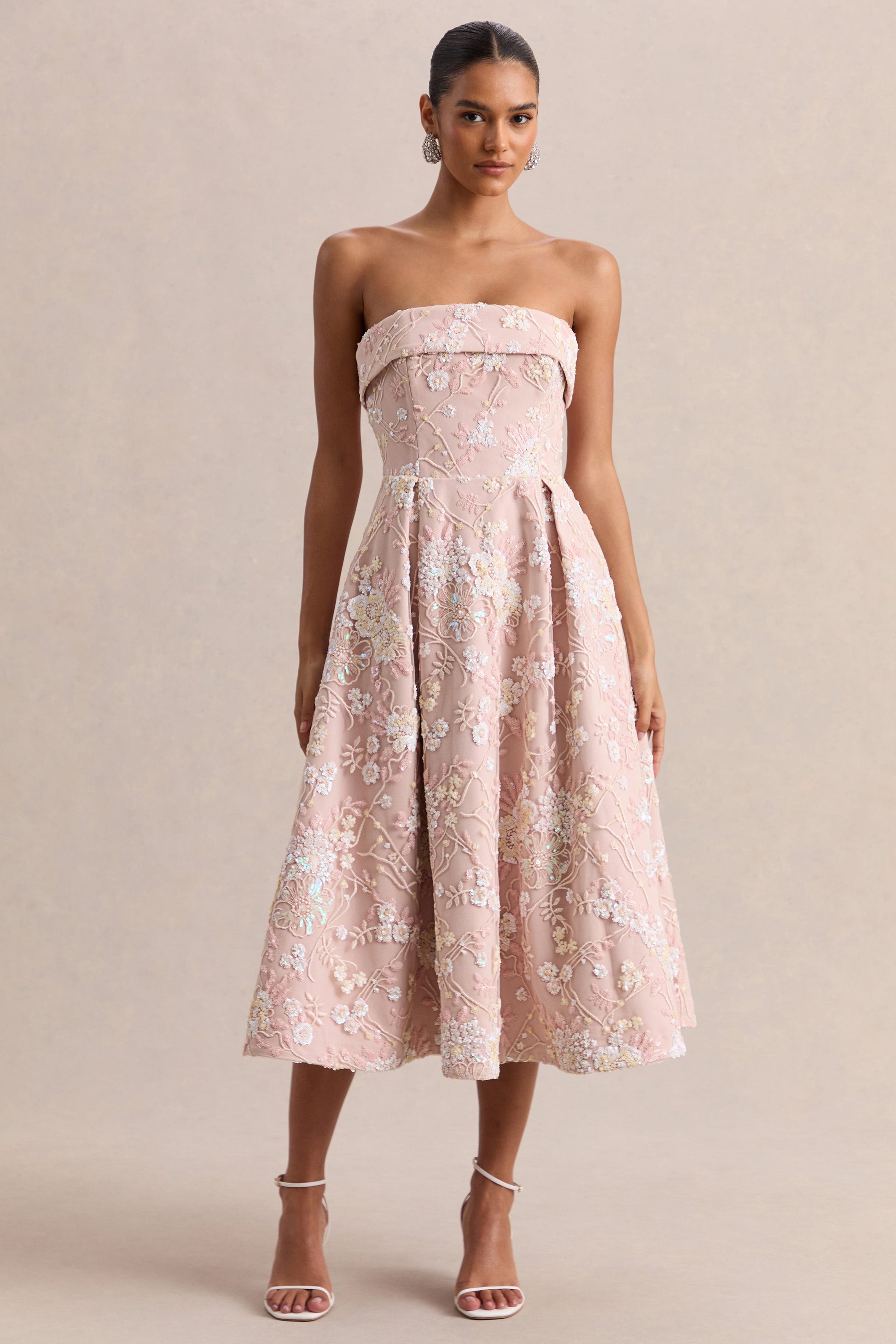 Amaris | Pink Embellished Floral Bandeau Skater Midi Dress