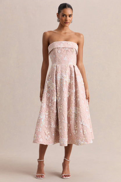 Amaris | Pink Embellished Floral Bandeau Skater Midi Dress